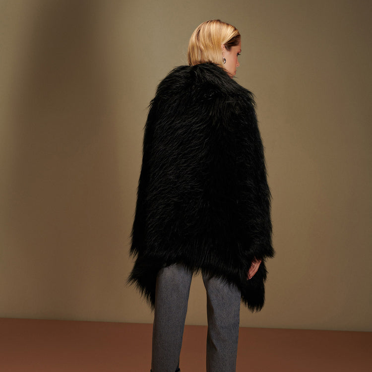 Sugar Vegan Faux Fur Coat in Black