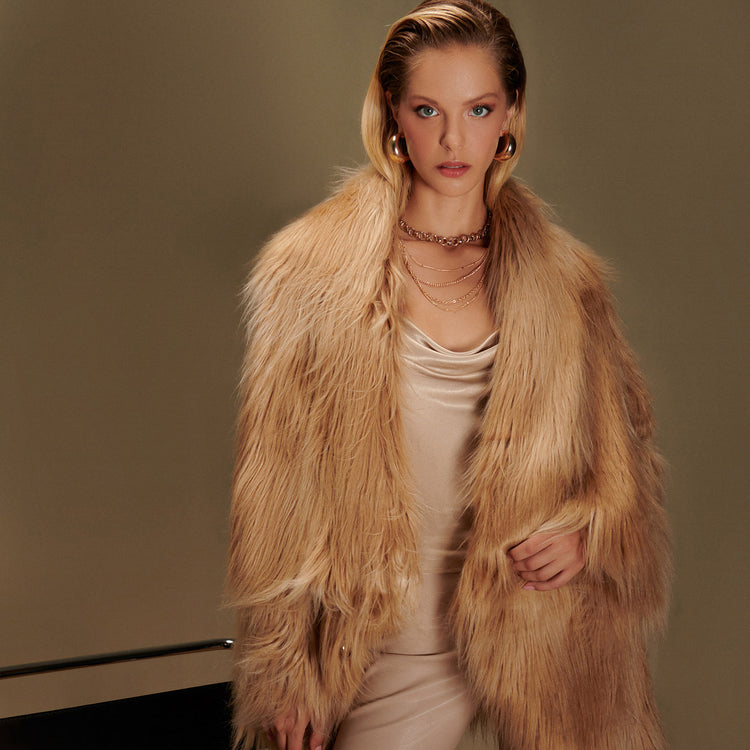 Sugar Vegan Faux Fur Coat in Camel
