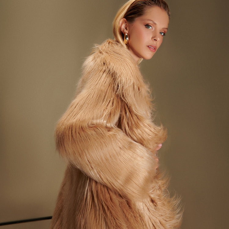 Sugar Vegan Faux Fur Coat in Camel