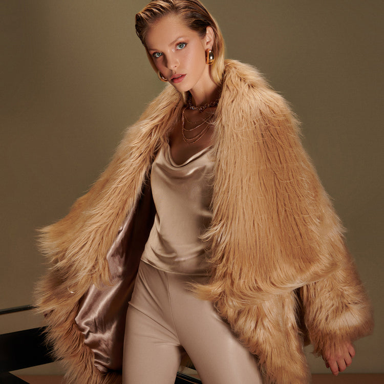 Fluffy Faux Fur Vegan Coat in Camel