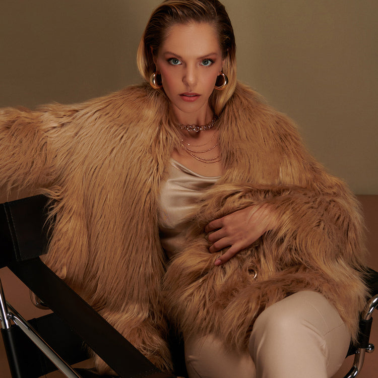 Sugar Vegan Faux Fur Coat in Camel