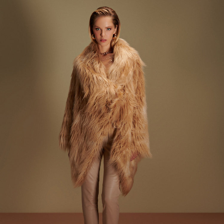 Sugar Vegan Faux Fur Coat in Camel