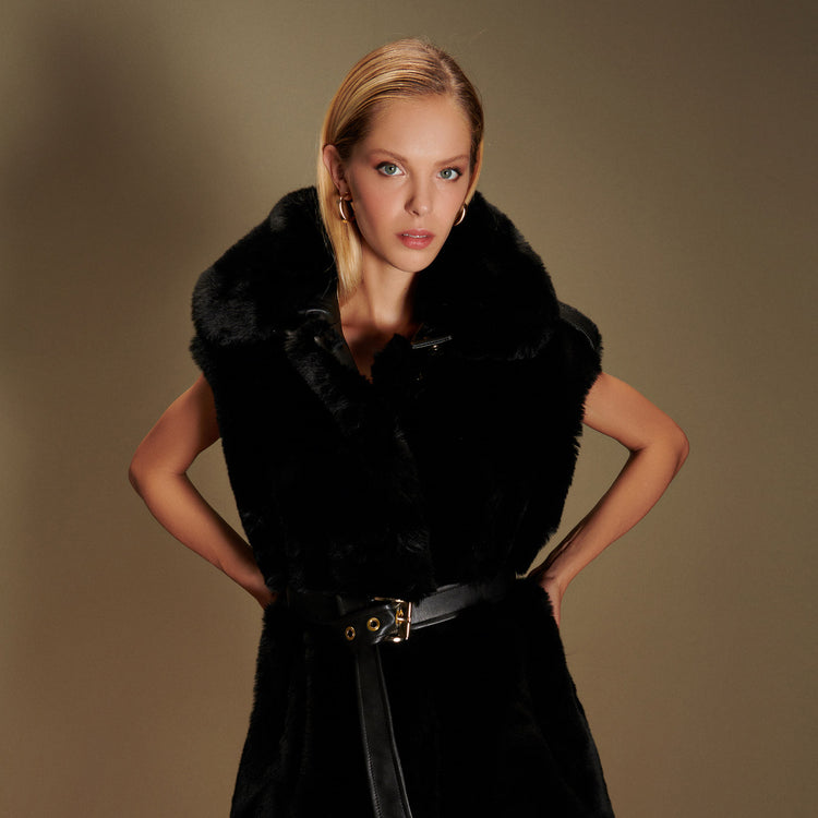 Rex Faux Fur Vest with Gold Buttons in Black