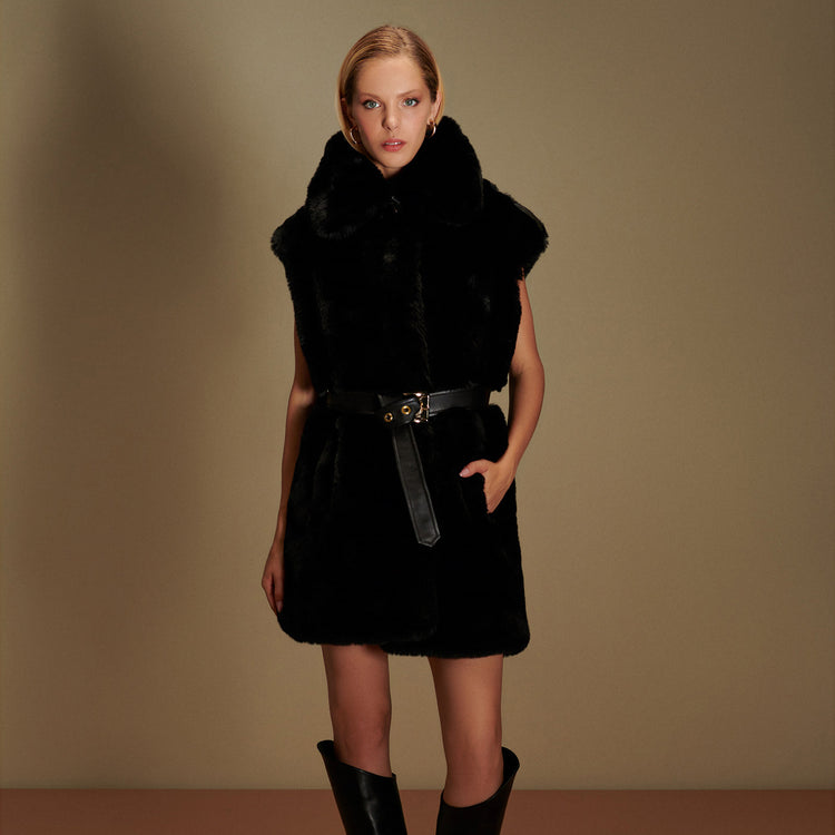 Rex Faux Fur Vest with Gold Buttons in Black