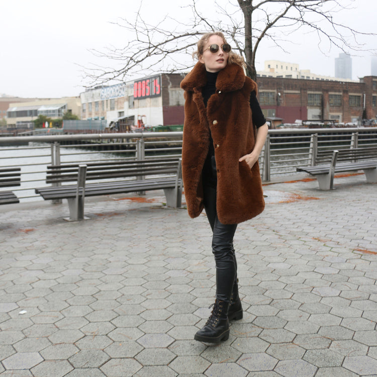 Rex Faux Fur Vest with Gold Buttons in Brown