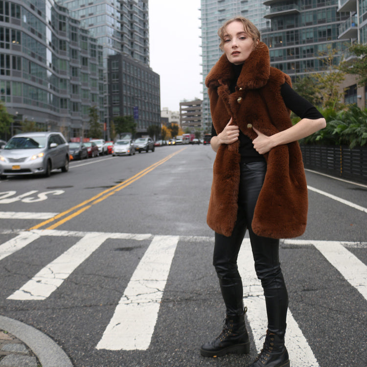 Rex Faux Fur Vest with Gold Buttons in Brown