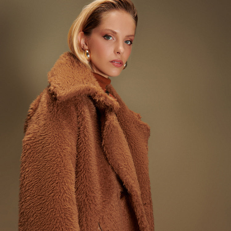 Army Teddy Vegan Short Coat in Caramel
