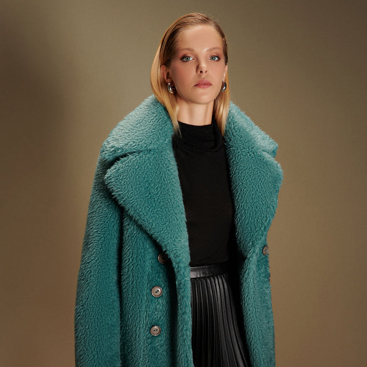 Teddy Vegan Double Breasted Short Coat in Teal