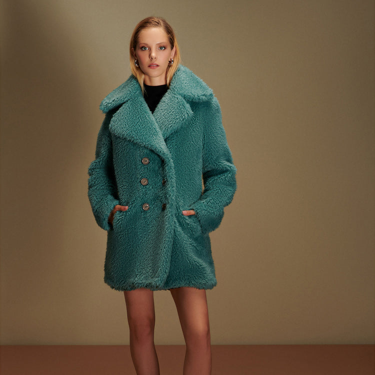 Teddy Vegan Double Breasted Short Coat in Teal