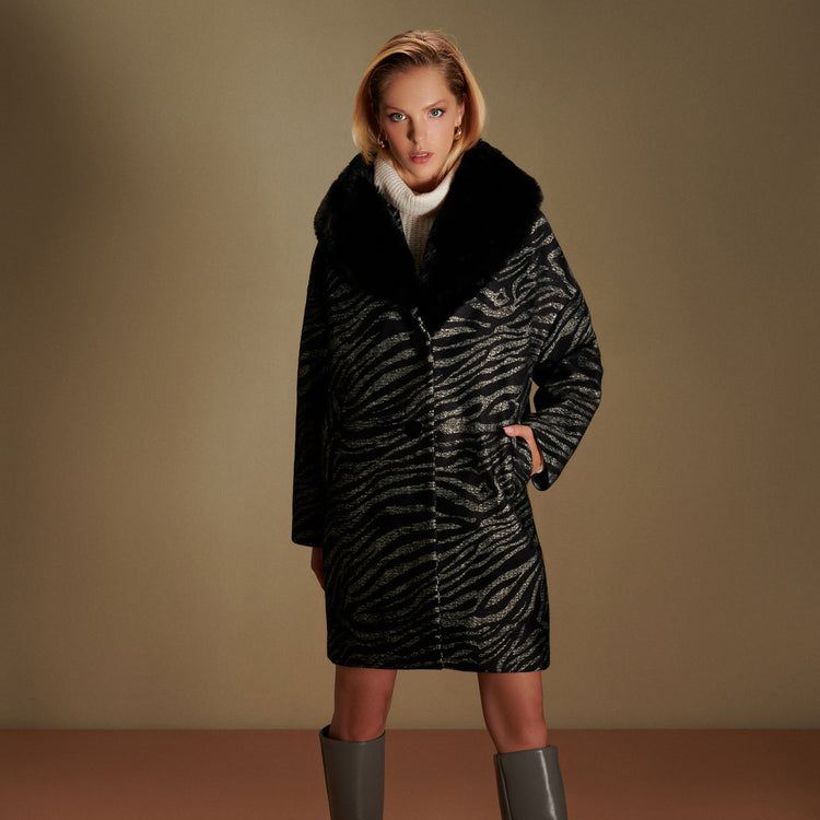 Sarah Animal Print Vegan Coat in Black