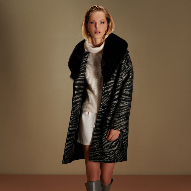 Sarah Animal Print Vegan Coat in Black