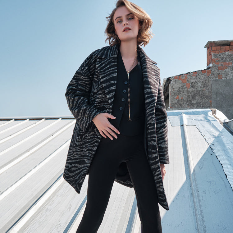 Sarah Animal Print Vegan Coat in Black