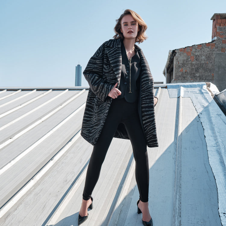 Sarah Animal Print Vegan Coat in Black