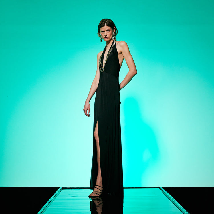 Golden Chain Party Maxi Dress in Black