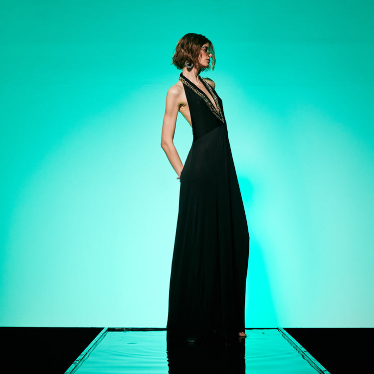 Golden Chain Party Maxi Dress in Black