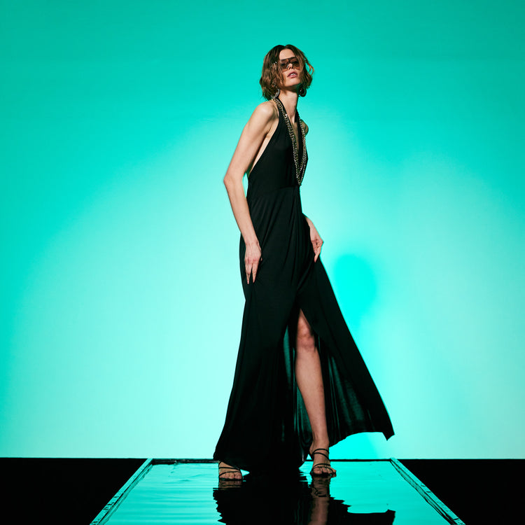 Golden Chain Party Maxi Dress in Black