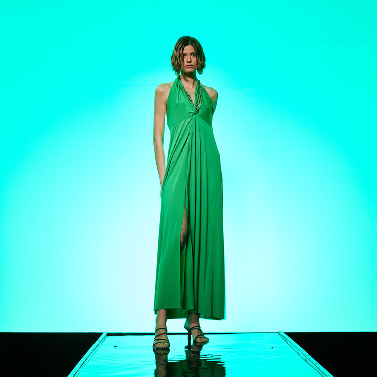 Golden Chain Party Maxi Dress in Green