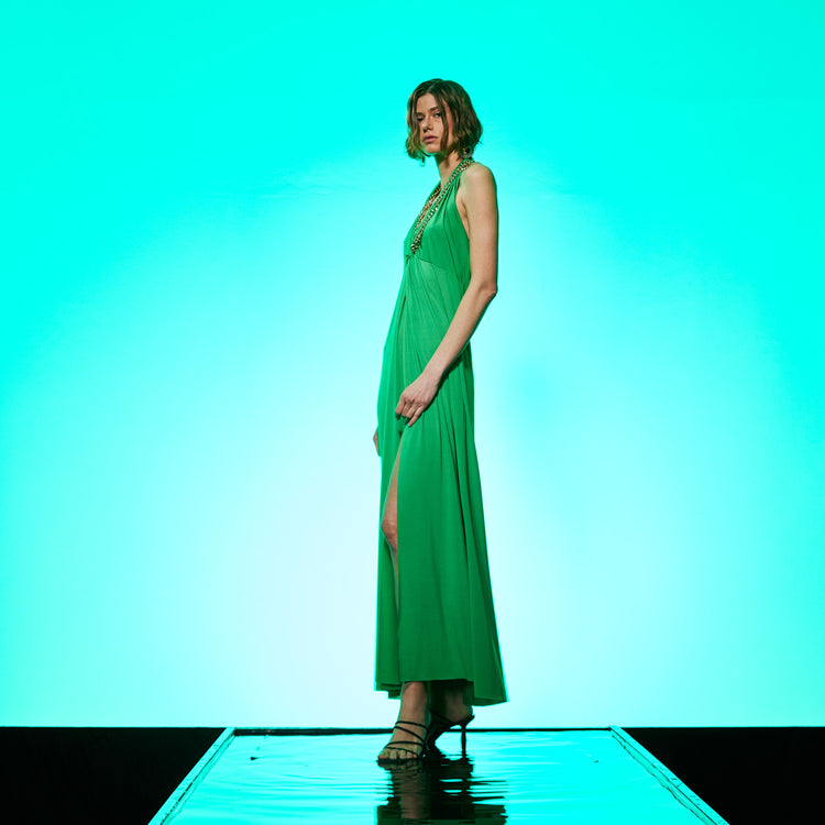Golden Chain Party Maxi Dress in Green