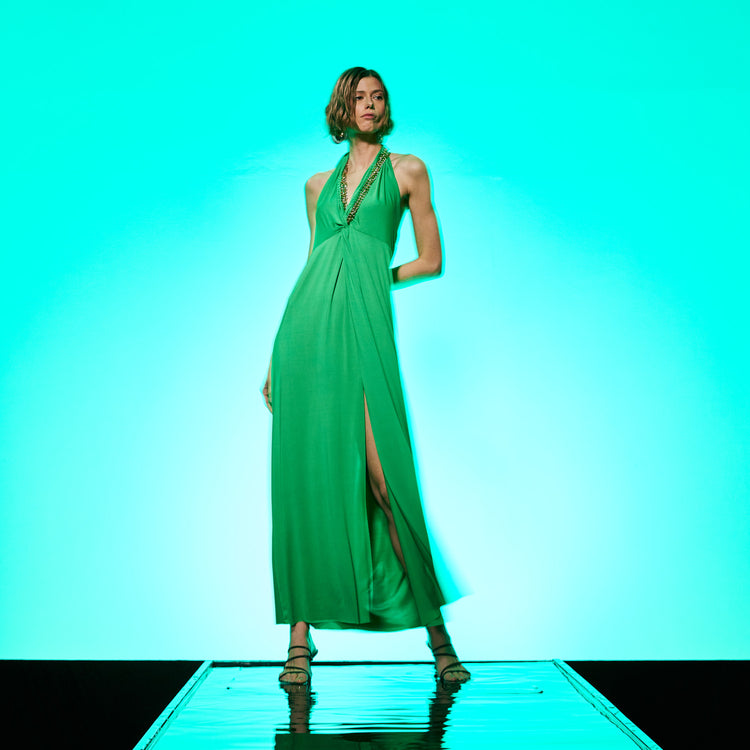 Golden Chain Party Maxi Dress in Green