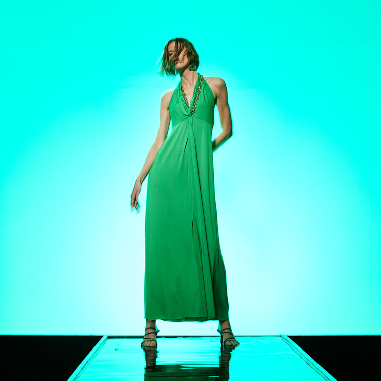 Golden Chain Party Maxi Dress in Green