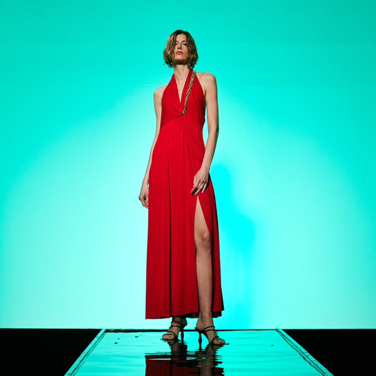 Golden Chain Party Maxi Dress in Red