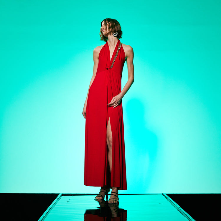 Golden Chain Party Maxi Dress in Red