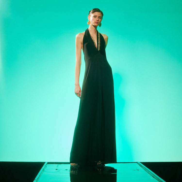 Golden Chain Party Maxi Dress in Black