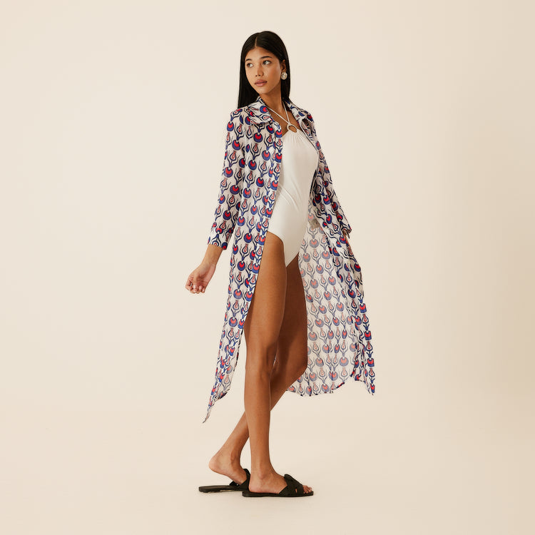 Linda Long Shirt Dress with Tulip Design in White & Blue