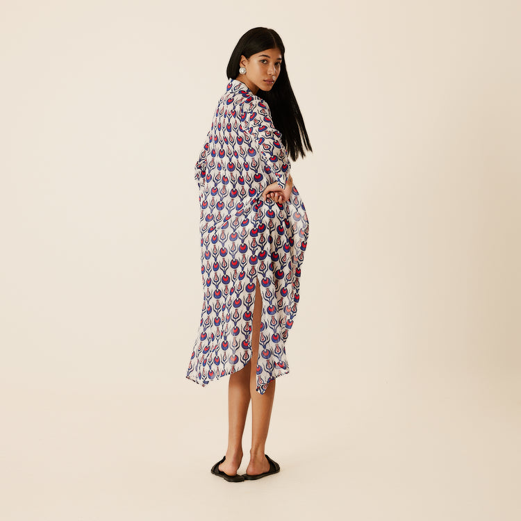 Linda Long Shirt Dress with Tulip Design in White & Blue