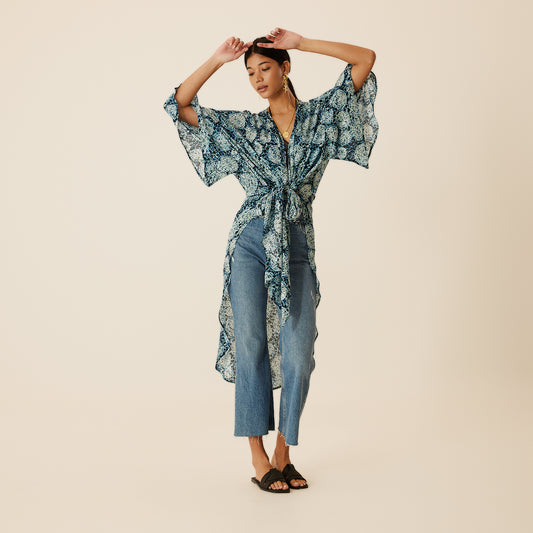 River Kaftan Tunic In Blue with Evil Eye Charm