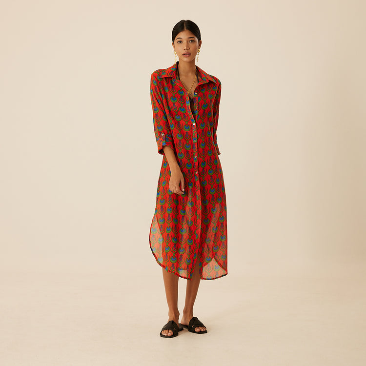 Linda Long Shirt Dress with Tulip Design in Coral Red