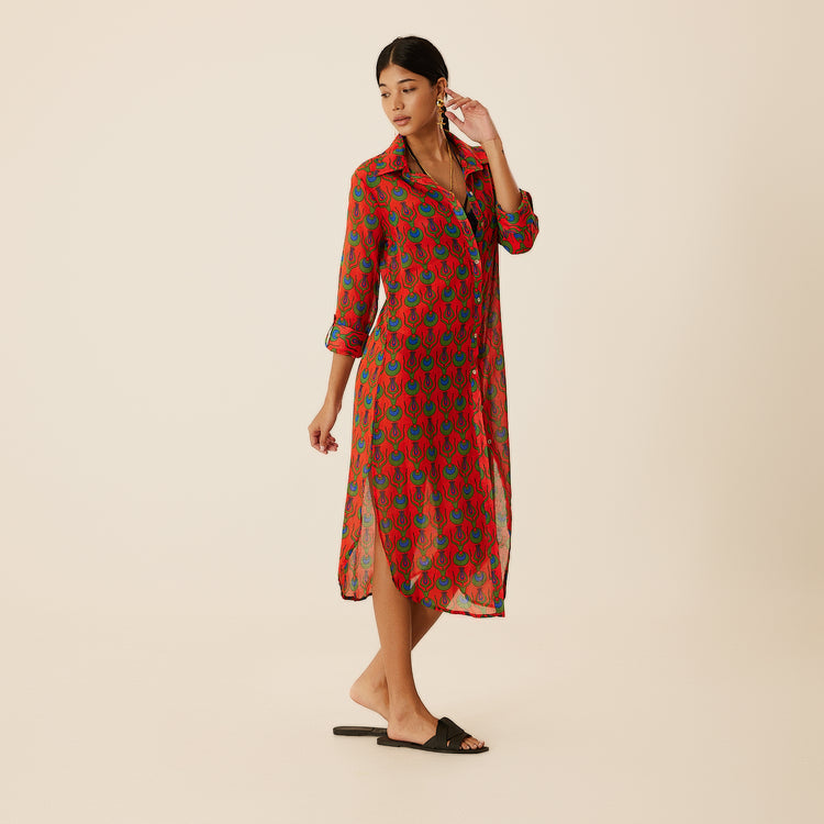Linda Long Shirt Dress with Tulip Design in Coral Red