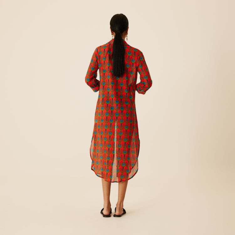 Linda Long Shirt Dress with Tulip Design in Coral Red