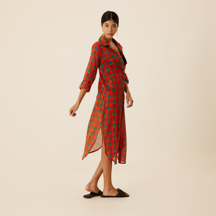 Linda Long Shirt Dress with Tulip Design in Coral Red
