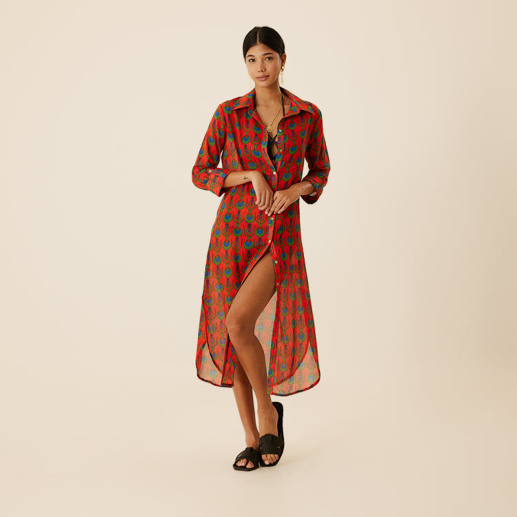 Linda Long Shirt Dress with Tulip Design in Coral Red