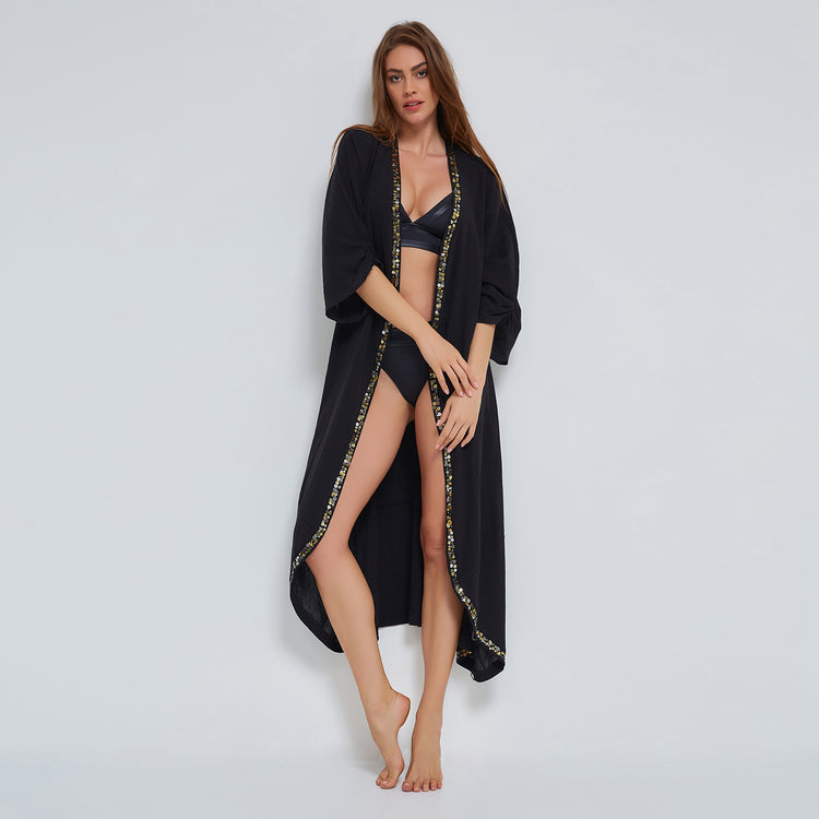 Black Kaftan in Crinkled Organic Cotton