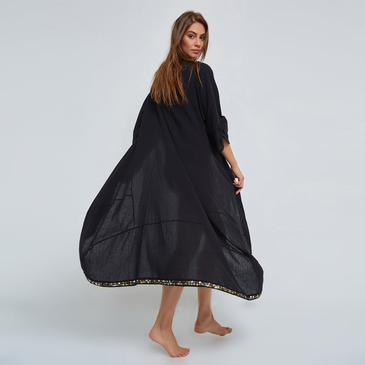 Black Kaftan in Crinkled Organic Cotton