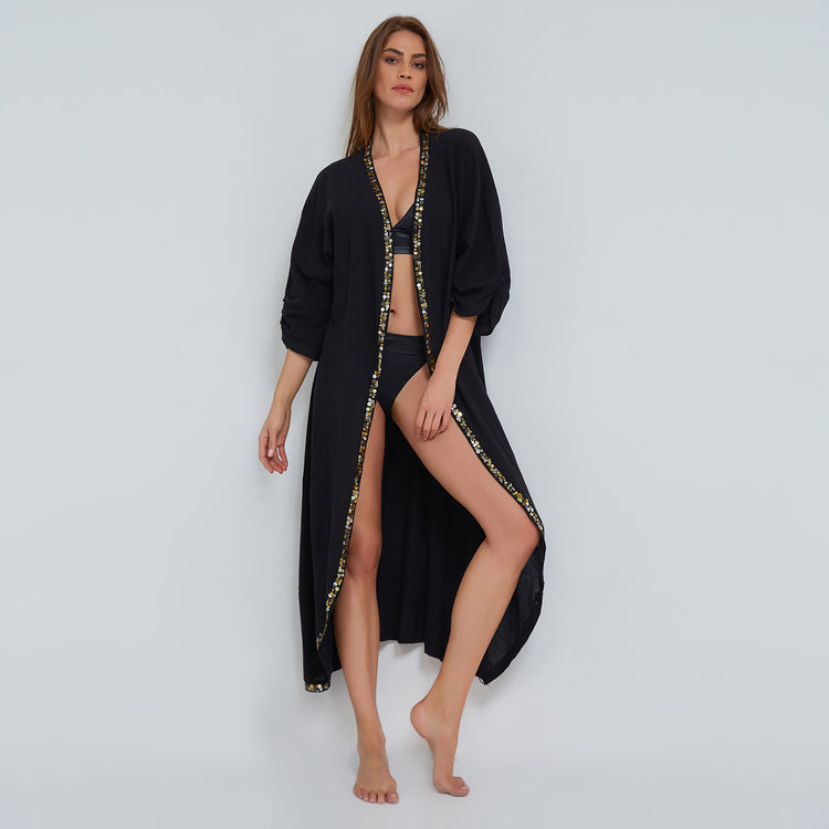 Black Kaftan in Crinkled Organic Cotton