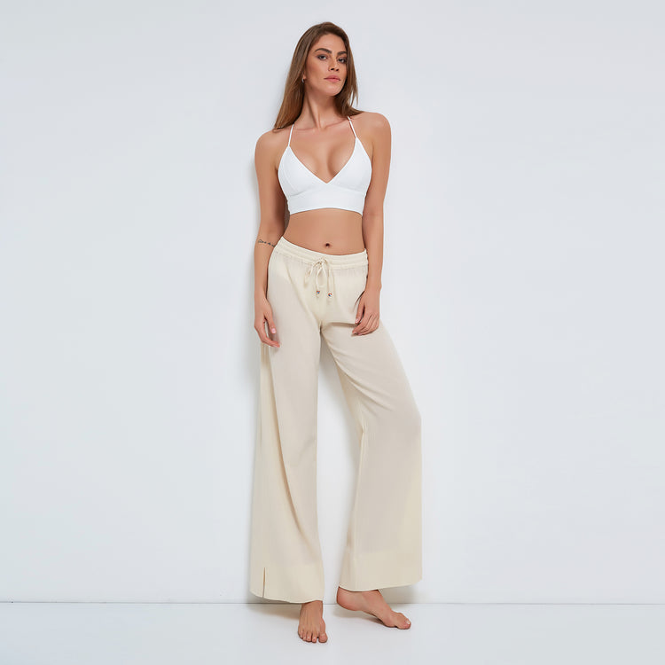 Ecru Pull-on Trousers in Crinkled Organic Cotton