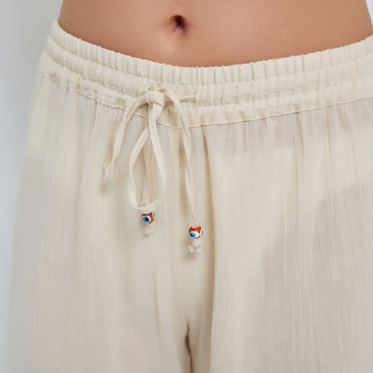 Ecru Pull-on Trousers in Crinkled Organic Cotton