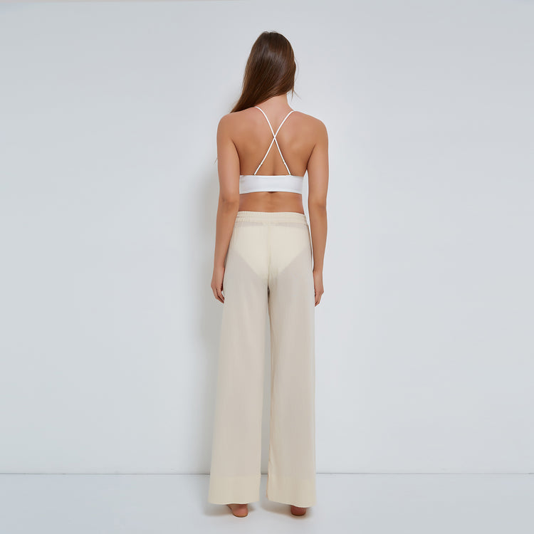 Ecru Pull-on Trousers in Crinkled Organic Cotton