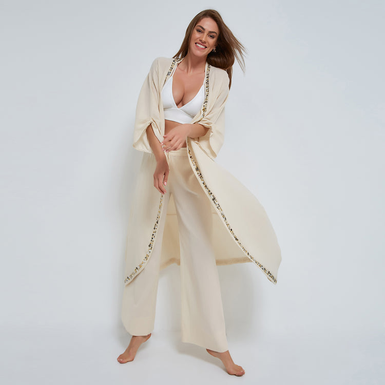 Ecru Pull-on Trousers in Crinkled Organic Cotton