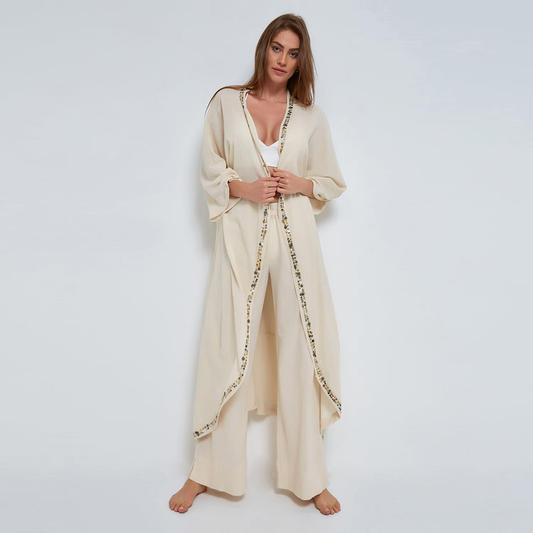 Ecru Pull-on Trousers in Crinkled Organic Cotton
