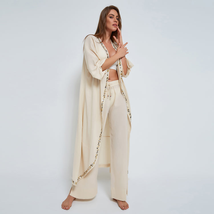 Ecru Pull-on Trousers in Crinkled Organic Cotton