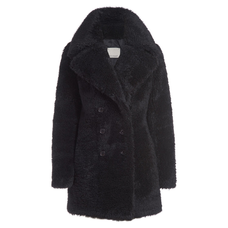Teddy Vegan Double Breasted Short Coat in Black