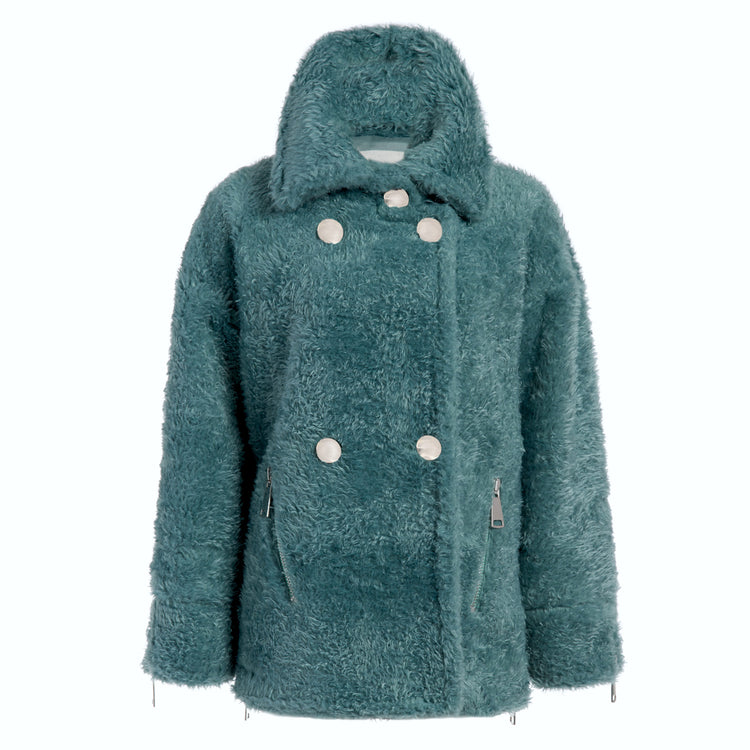 Army Teddy Vegan Short Coat in Teal