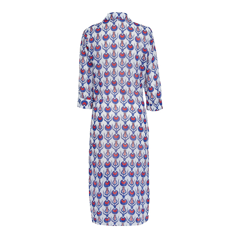 Linda Long Shirt Dress with Tulip Design in White & Blue