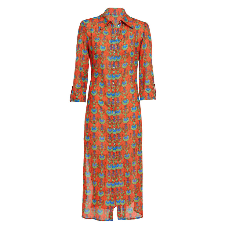 Linda Long Shirt Dress with Tulip Design in Coral Red