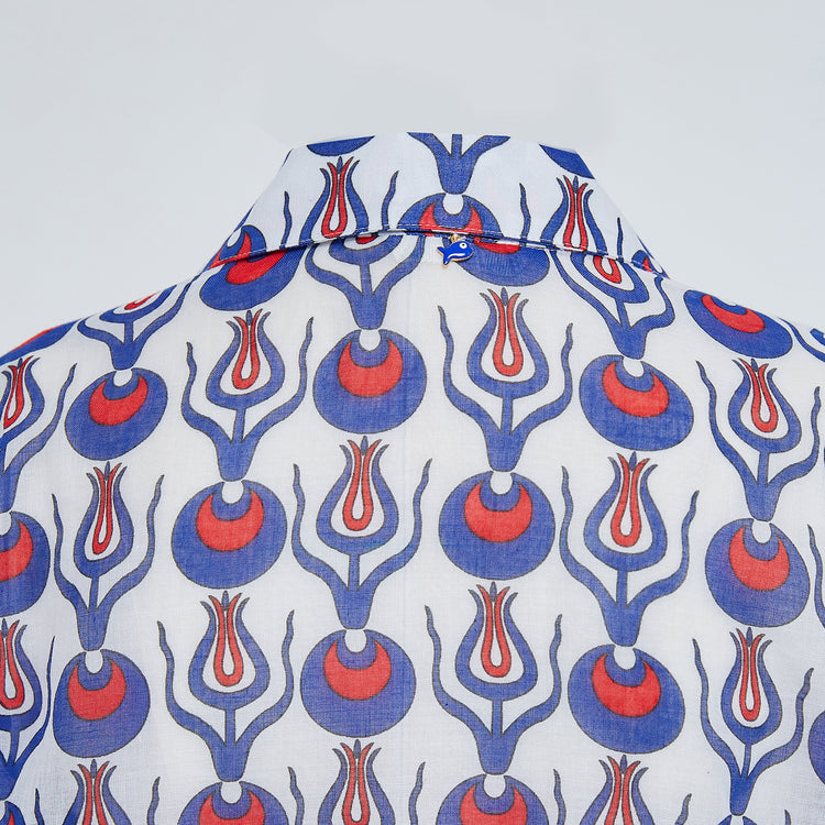 Linda Long Shirt Dress with Tulip Design in White & Blue