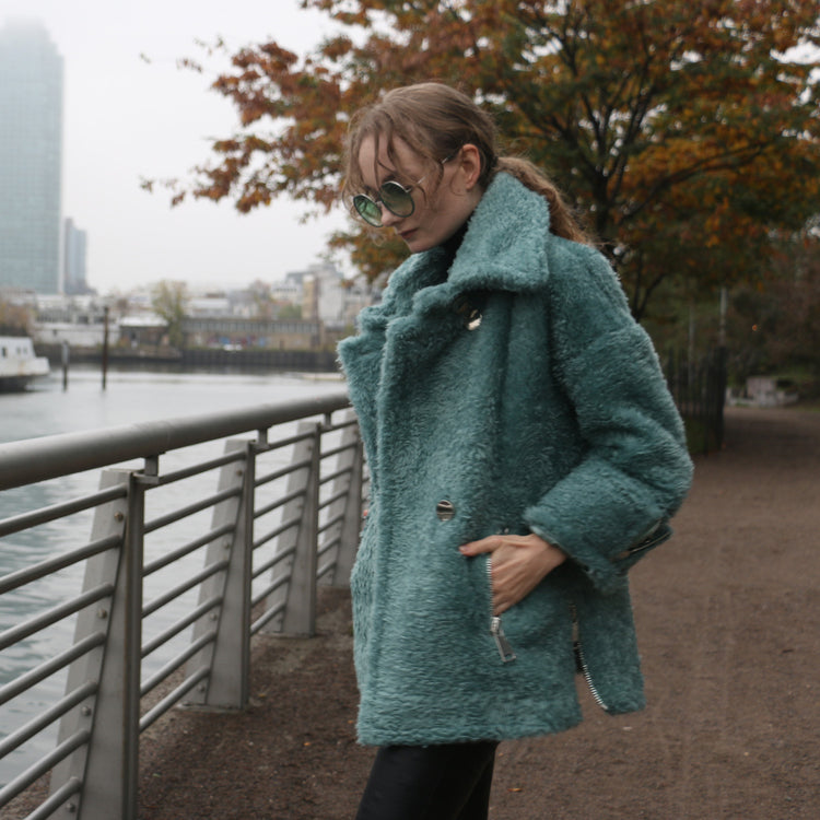 Army Teddy Vegan Short Coat in Teal